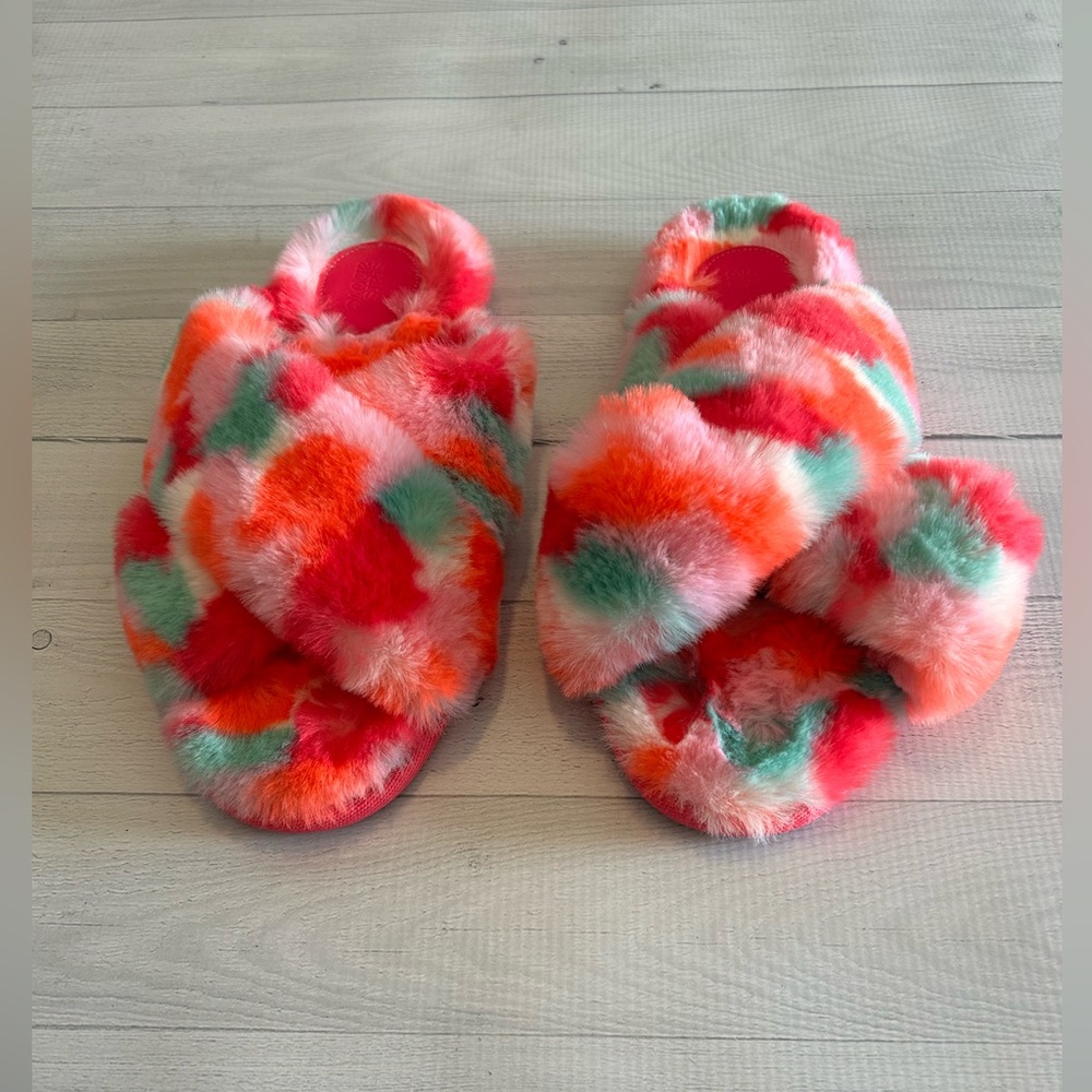Womens Paris Crossband Fur Slippers Tie Dye
